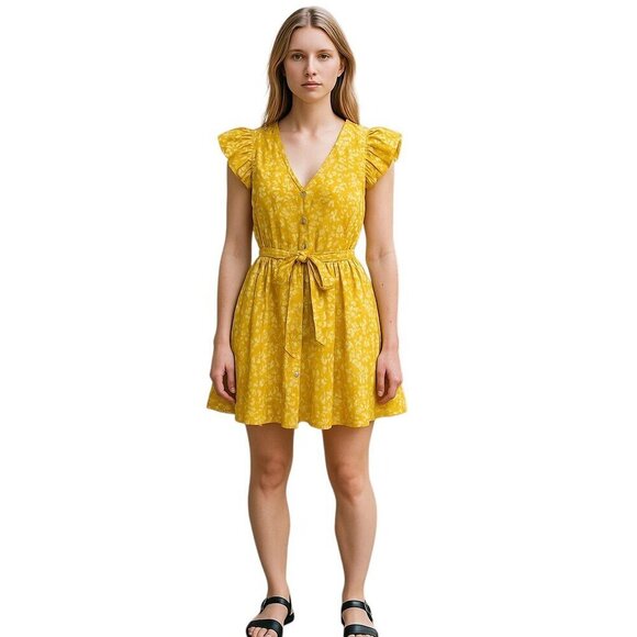 Cleobella Zia Dress 100% Organic Cotton Above Knee Flutter Sleeve Yellow Medium